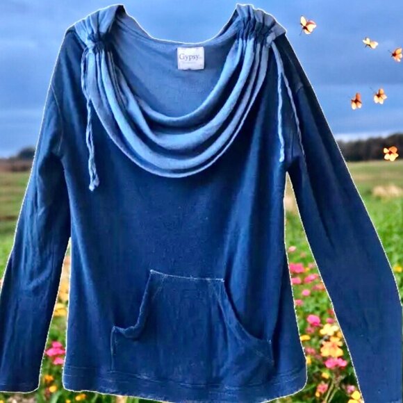 Gypsy Blue Tunic Top Long Sleeve Cowl Neck Pouch Pocket Made in Hollywood - Picture 2 of 12